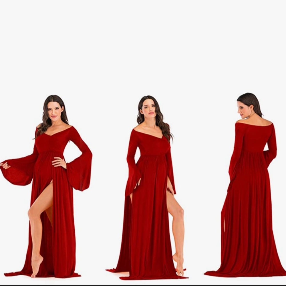 Red long maternity dress.